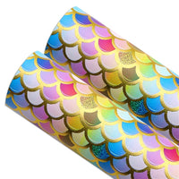 Mermaid Rainbow Scales Gold Print Faux Leather Sheet