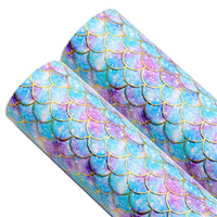 Mermaid Blue Scales Gold Print Faux Leather Sheet