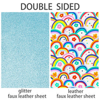 Rainbows Bright with Blue Fine Glitter Double Sided Faux Leather Sheet