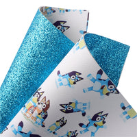 Dog on White with Blue Fine Glitter Double Sided Faux Leather Sheet