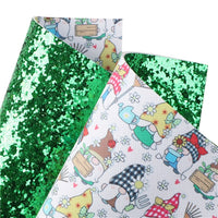 Gnomes Gardening on Green Chunky Glitter Double Sided Faux Leather Sheet
