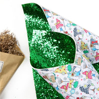 Gnomes Gardening on Green Chunky Glitter Double Sided Faux Leather Sheet