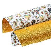 Gnomes & Sunflowers on Yellow Fine Glitter Double Sided Faux Leather Sheet