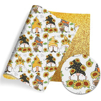Gnomes & Sunflowers on Yellow Fine Glitter Double Sided Faux Leather Sheet