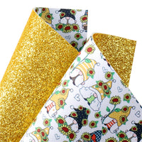 Gnomes & Sunflowers on Yellow Fine Glitter Double Sided Faux Leather Sheet