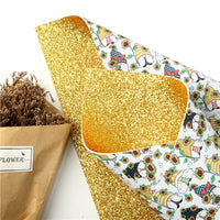 Gnomes & Sunflowers on Yellow Fine Glitter Double Sided Faux Leather Sheet