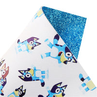 Dog on White with Blue Fine Glitter Double Sided Faux Leather Sheet