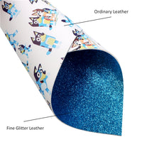 Dog on White with Blue Fine Glitter Double Sided Faux Leather Sheet