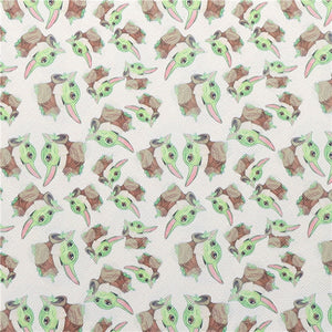 Baby Yoda on White with Green Fine Glitter Double Sided Faux Leather Sheet