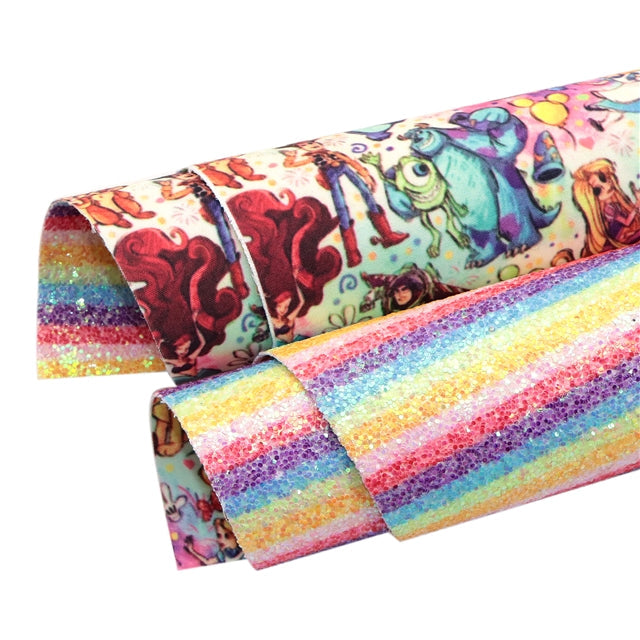 Characters on Rainbow Stripe Chunky Glitter Double Sided Faux Leather Sheet