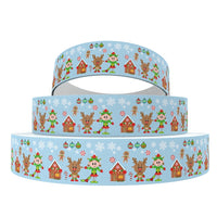 Christmas Cute Characters on Blue 7/8" Ribbon