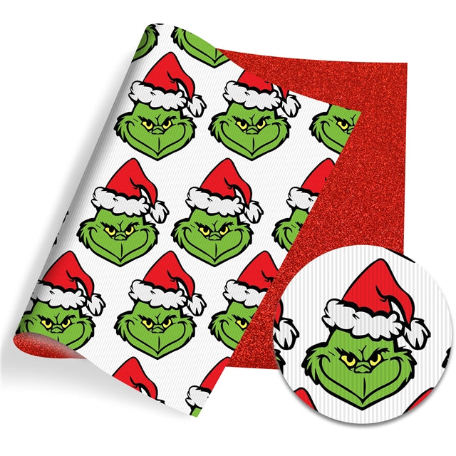 Grinch With Red Fine Glitter Double Sided Faux Leather Sheet