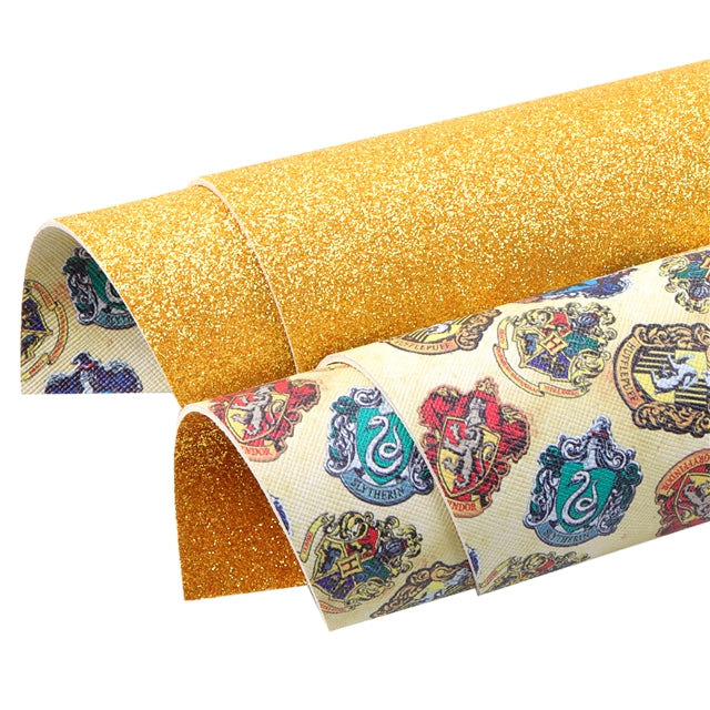 College Houses on Golden Fine Glitter Double Sided Faux Leather Sheet