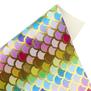 Mermaid Rainbow Scales Gold Print Faux Leather Sheet
