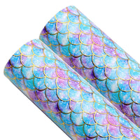 Mermaid Blue Scales Gold Print Faux Leather Sheet
