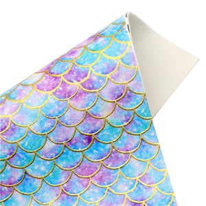 Mermaid Blue Scales Gold Print Faux Leather Sheet