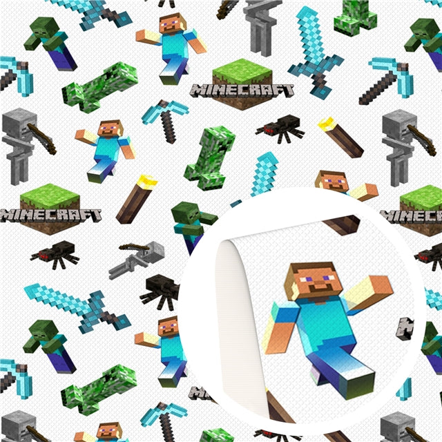 Minecraf on White Faux Leather Sheet