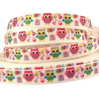 Party Owls On White 3/8" Ribbon - 5 Yards