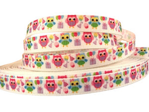Party Owls On White 3/8" Ribbon - 5 Yards