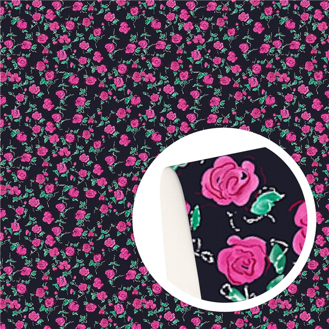 Floral Pink Roses on Black Faux Leather Sheet