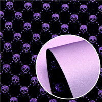 Skulls on Black with Purple Fine Glitter Double Sided Faux Leather Sheet
