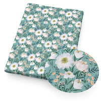 Floral White Flowers on Green Faux Leather Sheet