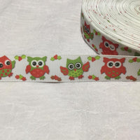 Christmas Owls on White 7/8" Ribbon