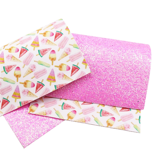 Ice Creams with Pink Chunky Glitter Double Sided Faux Leather Sheet