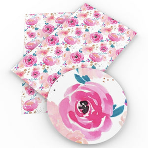 Floral Watercolour Pink with Teal Flowers Faux Leather Sheet