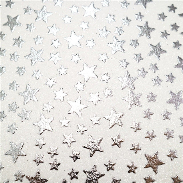 Silver Stars on White Glitter Faux Leather Sheet