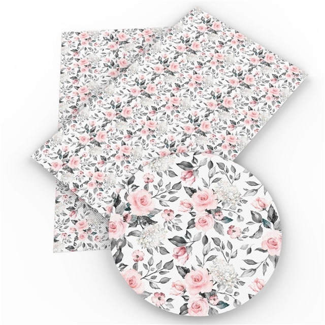 Floral Pink & Grey Roses Faux Leather Sheet