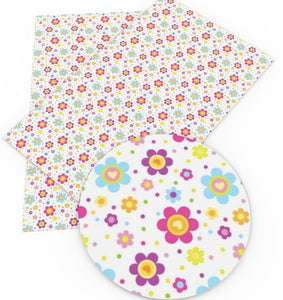 Floral Rainbow Flowers on White Faux Leather Sheet