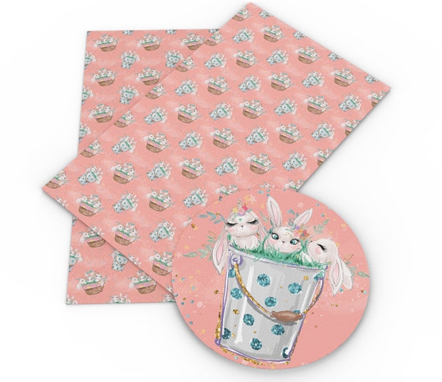 Easter Bunnies & Bucket on Peachy Pink Faux Leather Sheet