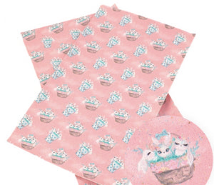 Easter Bunnies & Bucket on Peachy Pink Faux Leather Sheet