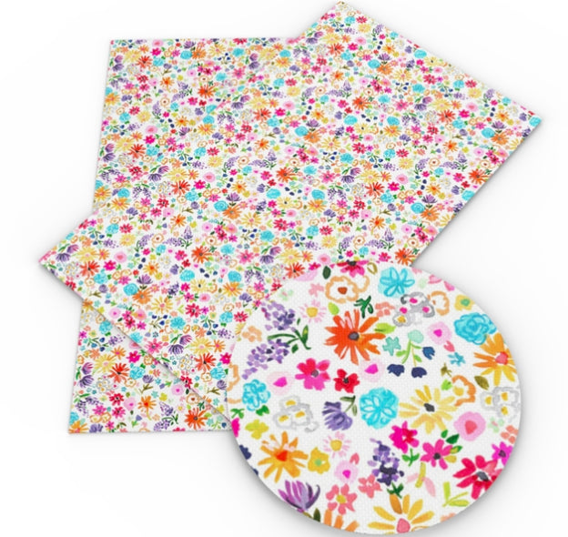 Floral Multicoloured Flowers on White Faux Leather Sheet