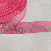 Silver Swirls Light  on Pink 7/8" Ribbon