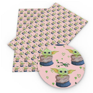 Baby Yoda on Pink Faux Leather Sheet