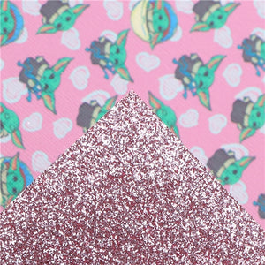 Baby Yoda on Pink Fine Glitter Double Sided Faux Leather Sheet