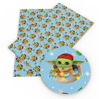 Christmas Baby Yoda on Blue Faux Leather Sheet