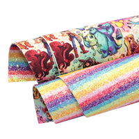 Characters on Rainbow Stripe Chunky Glitter Double Sided Faux Leather Sheet
