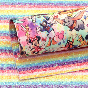 Characters on Rainbow Stripe Chunky Glitter Double Sided Faux Leather Sheet