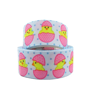 Chicks in Pink Eggs on Blue 1" Ribbon