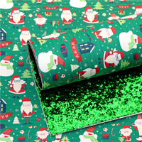 Christmas Snowmen on Green with Green Chunky Glitter Double Sided Faux Leather Sheet
