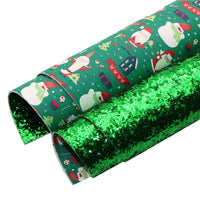 Christmas Snowmen on Green with Green Chunky Glitter Double Sided Faux Leather Sheet
