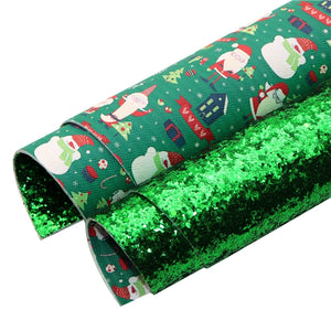 Christmas Snowmen on Green with Green Chunky Glitter Double Sided Faux Leather Sheet