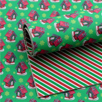 Christmas Stripe with Houses on Green Double Sided Faux Leather Sheet
