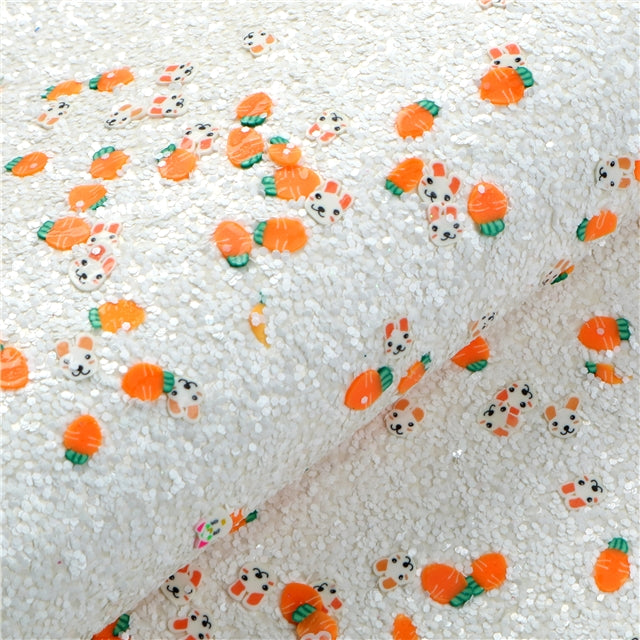 Chunky White Glitter with Rabbit Carrot Clay Embellishment Faux Leather Sheet
