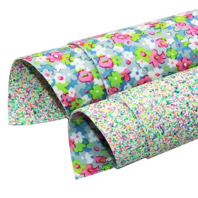 Floral Pink Blue & Mixed Chunky Double Sided Faux Leather Sheet