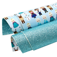 Frozen Characters with Blue Fine Glitter Double Sided Faux Leather Sheet