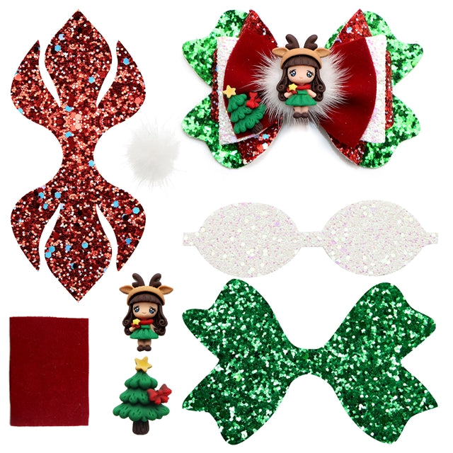 Pre Cut Christmas Girl with Reindeer Hat Faux Leather Bow